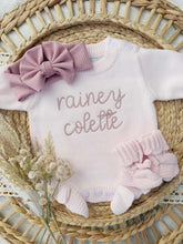 Load image into Gallery viewer, Personalized Baby Girl Newborn Outfit | Pink Sweater Bubble Romper Baby Name