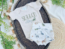 Load image into Gallery viewer, Personalized Baby Boy Outfit | Oatmeal Beige Bodysuit Green Dinosaur Blue Custom Name