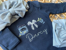 Load image into Gallery viewer, Baby Girl Outfit | Navy Romper - Country Cottage Style Blueberries Baby Name