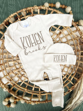 Load image into Gallery viewer, Personalized Baby Boy Newborn Outfit | Natural Oatmeal Romper Custom Color Baby Name