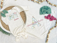 Load image into Gallery viewer, Personalized Baby Girl | Oatmeal Knotted Gown Green White Floral Pink with Name