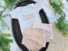 Load image into Gallery viewer, Personalized Baby Boy Outfit | Oatmeal Beige Bodysuit Honey Beige Custom Name