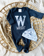 Load image into Gallery viewer, Personalized Baby Boy Outfit | Navy Romper- Airplane Jets Blue Initial Baby Name