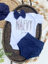 Load image into Gallery viewer, Personalized Baby Girl Outfit | White Bodysuit Blue Floral Baby Name