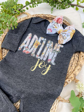 Load image into Gallery viewer, Personalized Baby Girl Outfit | Charcoal Gray Romper Floral Yellow Pink Baby Name
