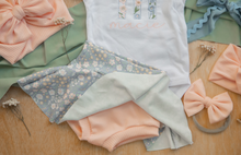 Load image into Gallery viewer, Personalized Baby Girl Outfit | White Bodysuit Small Flowers Skirt Green Baby Name