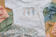 Load image into Gallery viewer, Personalized Baby Girl Outfit | White Bodysuit Small Flowers Skirt Green Baby Name