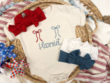 Load image into Gallery viewer, Fourth of July baby, Personalized USA baby outfit with bows