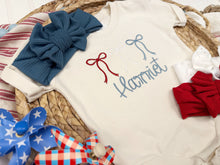 Load image into Gallery viewer, Fourth of July baby, Personalized USA baby outfit with bows
