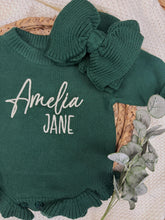 Load image into Gallery viewer, Personalized Green Baby Girl Christmas Sweater Romper