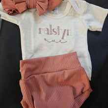 Load image into Gallery viewer, Personalized Baby Girl Outfit | Oatmeal Beige Bodysuit Sage Green Baby Name
