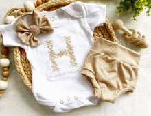 Load image into Gallery viewer, Personalized Baby Girl Outfit | Oatmeal Bodysuit Muted Blue Floral Baby Name -Harper Maelyn