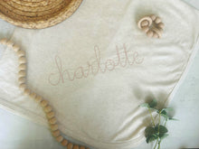 Load image into Gallery viewer, Baby Girl Going Home Outfit Personalized Oatmeal and Pink vintage stitch girl romper with bow or turban, baby shower gift newborn hospital