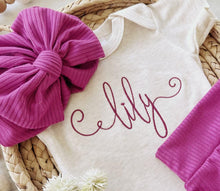 Load image into Gallery viewer, Vintage floral baby girl outfit with bummies, cottagecore baby girl outfit coming home outfit, personalized baby outfit with bows magenta