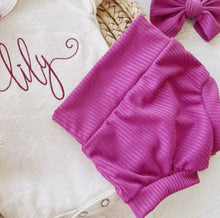 Load image into Gallery viewer, Vintage floral baby girl outfit with bummies, cottagecore baby girl outfit coming home outfit, personalized baby outfit with bows magenta