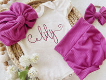 Load image into Gallery viewer, Vintage floral baby girl outfit with bummies, cottagecore baby girl outfit coming home outfit, personalized baby outfit with bows magenta