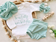 Load image into Gallery viewer, Vintage floral baby girl outfit with bummies, baby girl outfit coming home outfit, personalized baby outfit Fearfully and wonderfully made