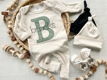 Load image into Gallery viewer, Personalized neutral baby romper and hat set, custom infant boy coming home outfit, baby shower gift, sleeper with footies green christmas