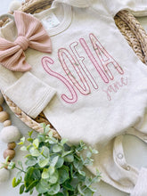 Load image into Gallery viewer, Personalized baby girl romper and bow, pink infant girl coming home outfit, custom name, baby shower gift, sleeper with footies, hospital