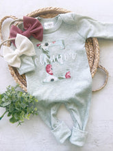 Load image into Gallery viewer, Personalized baby girl romper and hat set, vintage floral infant coming home outfit, baby shower gift, sleeper with footies, custom name