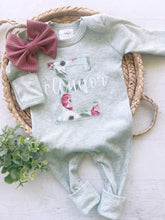Load image into Gallery viewer, Personalized baby girl romper and hat set, vintage floral infant coming home outfit, baby shower gift, sleeper with footies, custom name