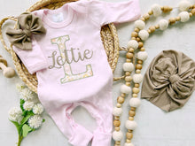 Load image into Gallery viewer, Personalized baby girl romper and hat set, vintage floral infant coming home outfit, baby shower gift, sleeper with footies, custom name