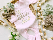 Load image into Gallery viewer, Personalized baby girl romper and hat set, vintage floral infant coming home outfit, baby shower gift, sleeper with footies, custom name