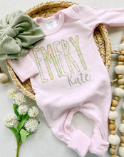 Load image into Gallery viewer, Personalized baby girl romper and bow, pink infant girl coming home outfit, custom name, baby shower gift, sleeper with footies, sage green