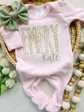 Load image into Gallery viewer, Personalized baby girl romper and bow, pink infant girl coming home outfit, custom name, baby shower gift, sleeper with footies, sage green
