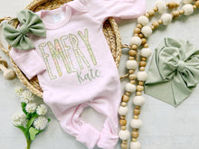 Load image into Gallery viewer, Personalized baby girl romper and bow, pink infant girl coming home outfit, custom name, baby shower gift, sleeper with footies, sage green