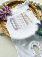 Load image into Gallery viewer, Personalized baby girl romper, vintage floral infant coming home outfit, baby shower gift, newborn outfit ruffle flutter, custom name
