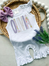 Load image into Gallery viewer, Personalized baby girl romper, vintage floral infant coming home outfit, baby shower gift, newborn outfit ruffle flutter, custom name