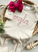 Load image into Gallery viewer, Baby Girl Going Home Outfit Personalized Oatmeal and Pink vintage stitch girl romper with bow or turban, baby shower gift newborn hospital