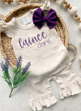 Load image into Gallery viewer, Personalized baby girl romper, vintage floral infant coming home outfit, baby shower gift, newborn outfit ruffle flutter, custom name purple
