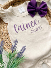 Load image into Gallery viewer, Personalized baby girl romper, vintage floral infant coming home outfit, baby shower gift, newborn outfit ruffle flutter, custom name purple