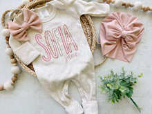 Load image into Gallery viewer, Personalized baby girl romper and bow, pink infant girl coming home outfit, custom name, baby shower gift, sleeper with footies, hospital