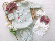 Load image into Gallery viewer, Personalized baby girl romper and hat set, vintage floral infant coming home outfit, baby shower gift, sleeper with footies, custom name