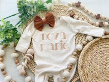 Load image into Gallery viewer, Personalized baby girl oatmeal romper with bow or turban, custom girl coming home outfit, baby girl shower gift, custom name baby gift