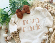 Load image into Gallery viewer, Personalized baby girl oatmeal romper with bow or turban, custom girl coming home outfit, baby girl shower gift, custom name baby gift