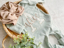 Load image into Gallery viewer, Personalized baby girl romper and hat set vintage floral infant coming home outfit baby shower gift, sleeper with footies custom name sage