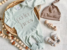 Load image into Gallery viewer, Personalized baby boy romper with hat, custom baby boy coming home outfit, baby shower gift for baby boy outfit sage green newborn sleeper