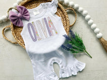 Load image into Gallery viewer, Personalized baby girl romper, vintage floral infant coming home outfit, baby shower gift, newborn outfit ruffle flutter, custom name