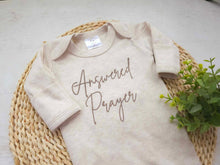 Load image into Gallery viewer, Miracle baby outfit with answered prayer embroidered on a oatmeal beige baby romper sleeper