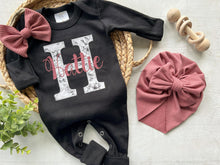 Load image into Gallery viewer, Personalized baby girl romper and hat set, vintage floral infant coming home outfit, baby shower gift, sleeper with footies