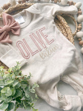 Load image into Gallery viewer, Baby Girl Coming Home Oufit Personalized oatmeal and blush vintage stitch girl romper with bow or turban, baby shower gift custom baby name