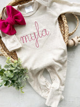Load image into Gallery viewer, Baby Girl Going Home Outfit Personalized Oatmeal and Pink vintage stitch girl romper with bow or turban, baby shower gift newborn hospital
