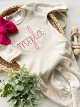 Load image into Gallery viewer, Baby Girl Going Home Outfit Personalized Oatmeal and Pink vintage stitch girl romper with bow or turban, baby shower gift newborn hospital