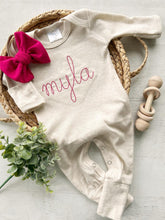 Load image into Gallery viewer, Baby Girl Going Home Outfit Personalized Oatmeal and Pink vintage stitch girl romper with bow or turban, baby shower gift newborn hospital