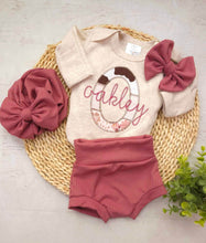 Load image into Gallery viewer, Baby girlpersonalized name outfit going home outfit beige pink cowprint floral bummies pants handmade