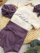Load image into Gallery viewer, Personalized baby girl going home outfit newborn bodysuit outfit, custom name girl, coming home outfit for baby girl, baby girl name purple